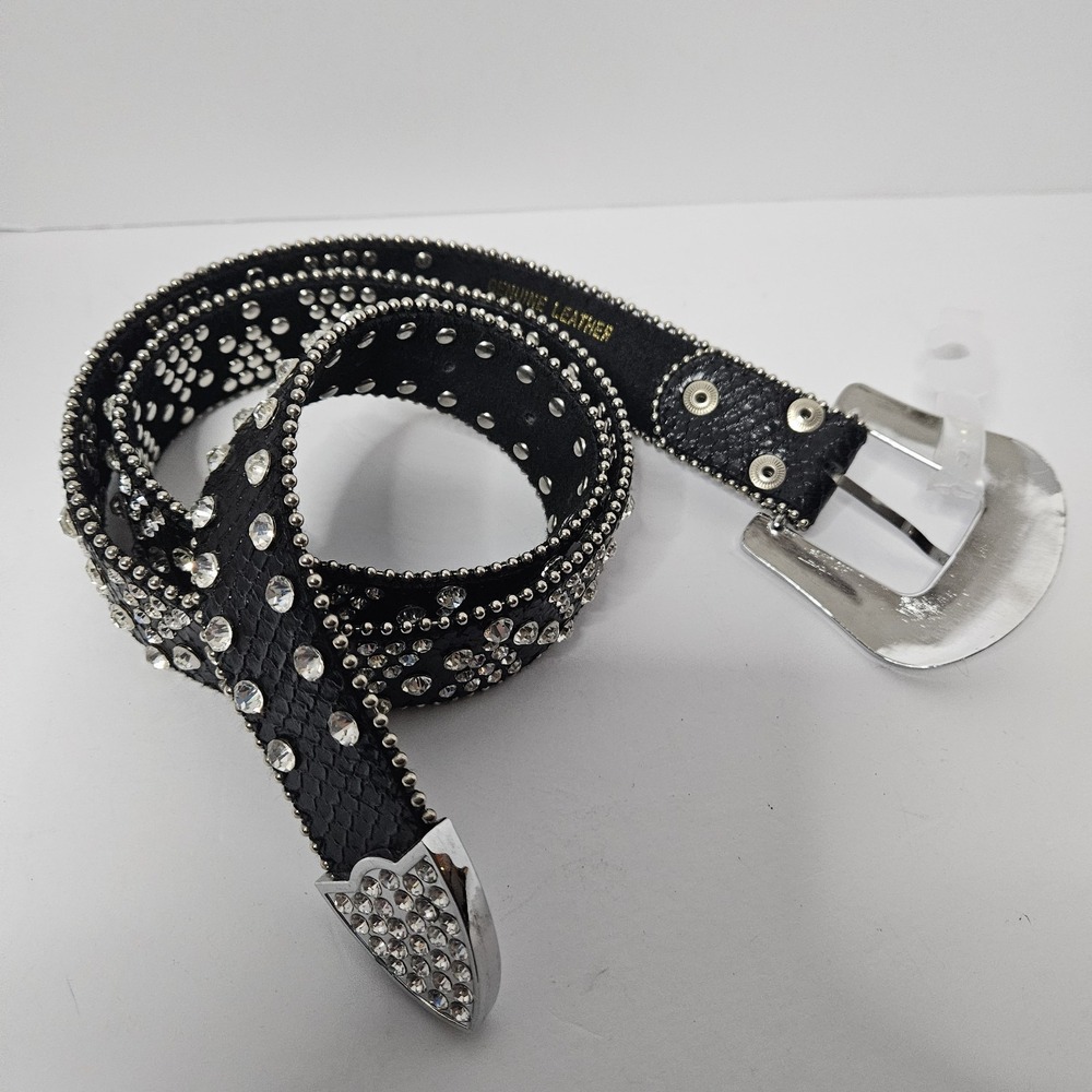 Black Genuine Leather Rhinestone Studded Belt STUNNING Sz L Western Y2K Bling BB